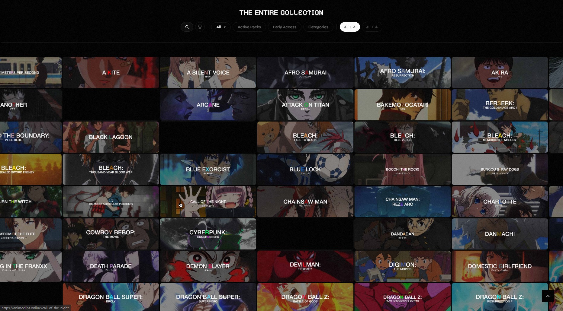The animeclips.online gallery page showing anime cover cards in a grid