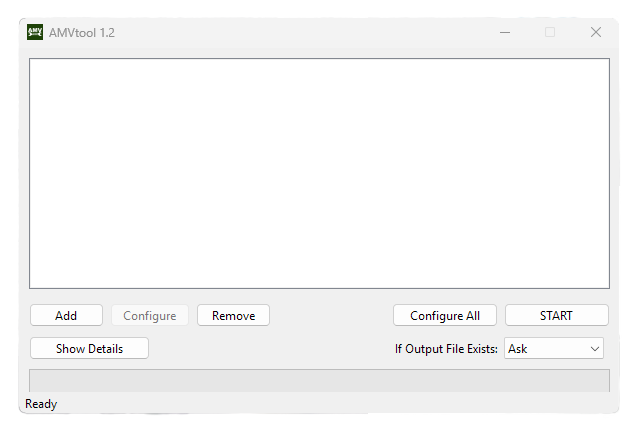 The AMVtool main window with Add, Configure and Start buttons