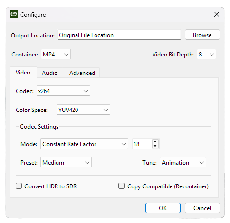 AMVtool Configure window with the container set to MP4 and the codec on Copy