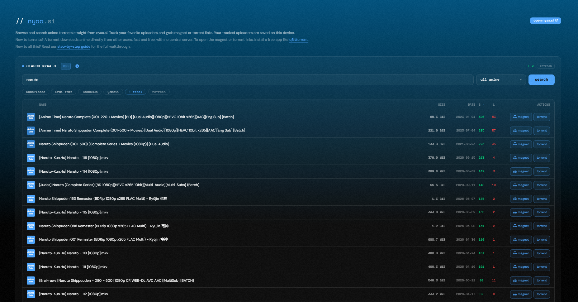 The animeclips.online built-in nyaa browser showing anime torrent results